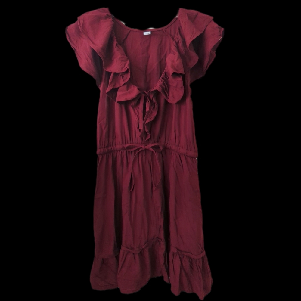Ruffled Burgundy Old Navy Dress With Pockets, Waist Tie And Bust Tie Size SP